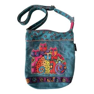 Laurel Burch Feline Family Canvas Crossbody Bag | Whimsical Colorful Cat Art